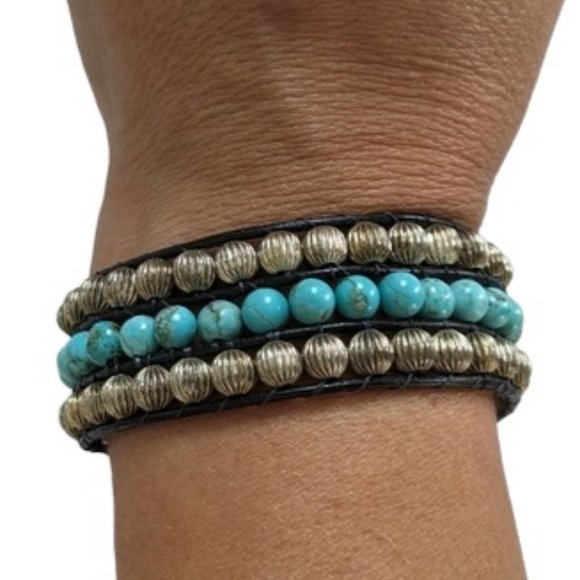 Leather Cord Cuff Bracelet with Teal Howlite and Silver Metal Beads - Picture 3 of 6